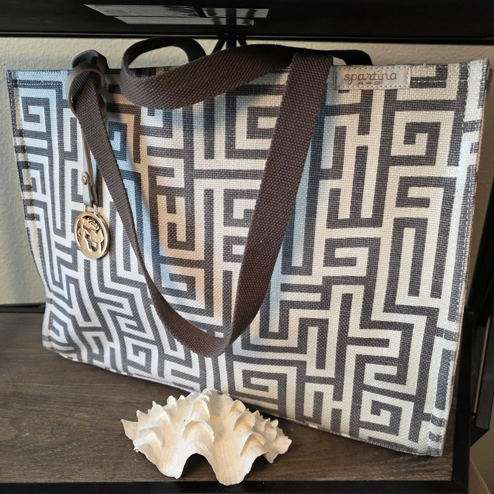 Bolso de Mano Spartina 449 Gris Blanco Estampado Geométrico Playa Viaje Foto 2 de 4