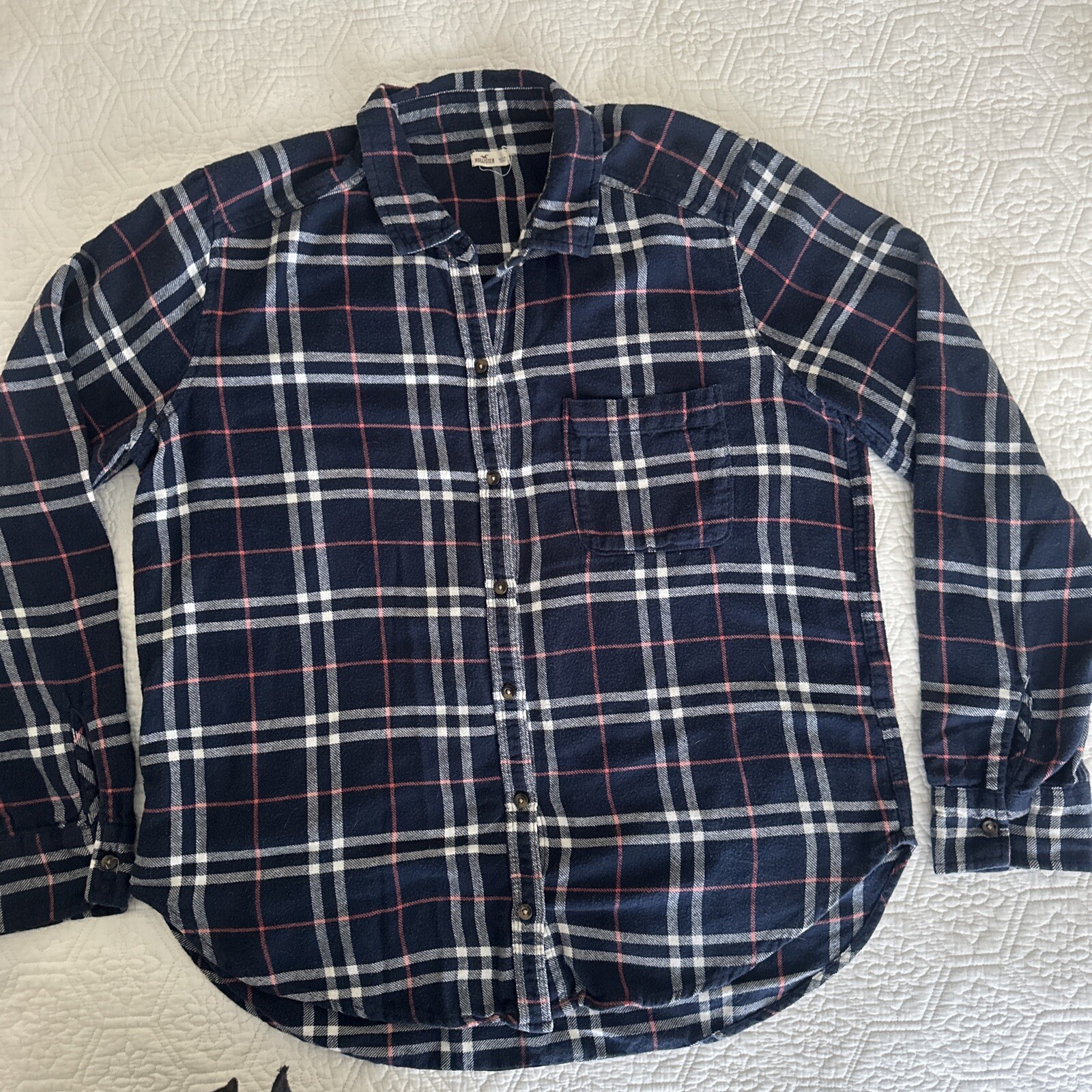 HOLLISTER Flannel Shirt Women L Blue Pink Multicolor Plaid Button Up L/S Pocket-image