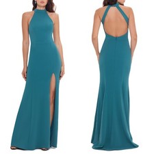 NEW XSCAPE New TEAL Halter Neck OPEN BACK Front Slit EVENING DRESS GOWN 14