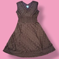 Rabbit & Co. Vintage Brown Lace Sleeveless Dress V-Neck Ruched Waist A-Line S/M
