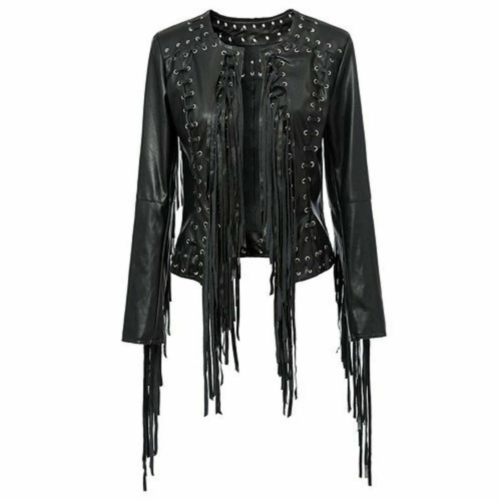 Women's 100% Lambskin Real Leather Jacket Black Fringes Biker Laced Up Jacket