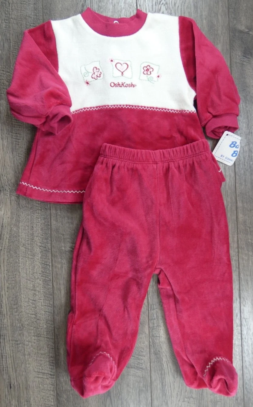 Baby Girl Clothes New Oshkosh B'gosh 3-6 Month Dark Pink Velour Footed Outfit
