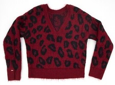 PINK Victorias Secret Sweater Womens Medium Burgundy Black Leopard Print Fuzzy