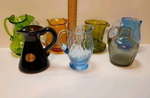 All 7 Vtg Shelton, Pigrim & Blenko Mini Pitchers Crackled Glass Green Orange Blu