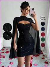 Sexy Women's Stand Collar Cape Mini Dress Sequins Sparkling Club Party Night Out