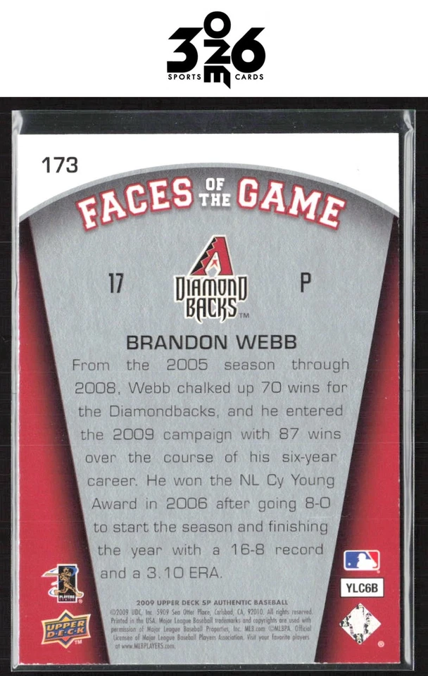 Brandon Webb 2009 SP Authentic Gold #173 #/299 - Image 2 of 2
