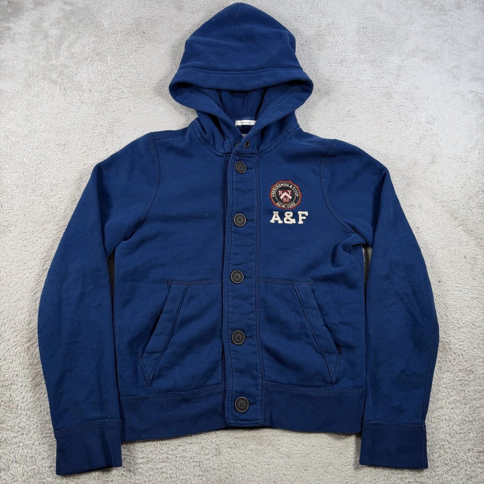 Abercrombie & Fitch Hoodie Mens Small Blue Muscle Waffle Thermal Y2K Button Up