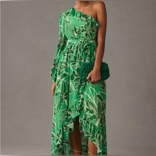Farm Rio x Anthropologie Printed One-Shoulder Green Floral Ruffle Dress