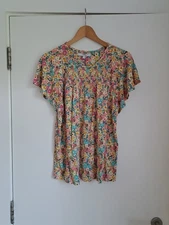 Next Floral Shirred Top T-Shirt UK14 Butterfly Sleeves Summer Pastel BNWOT