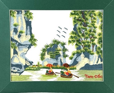 Vietnam Tam Coc Hand Embroidered Textile Art Landscape Boats Mountains