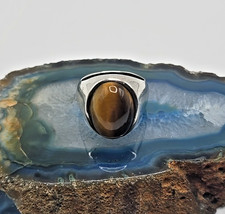 14.79g Early Taxco Mexico Sterling Silver Tigers Eye Ring 9.5 925 Modernist Vtg