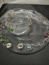 Glass Plate And Bowl Set With Glass Stones