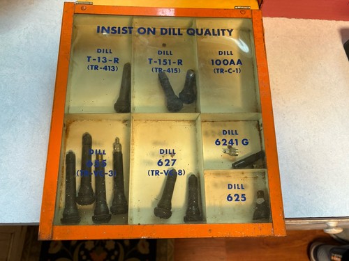 Vtg.1960’s Dill Tire Hardware Display Box w/ Valves, Tire Valve Tools, Caps USA - Picture 2 of 7