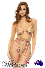 NEW Mapale by Espiral Garden Blush 3 Piece Embroidered Lace Bra Set with Garter