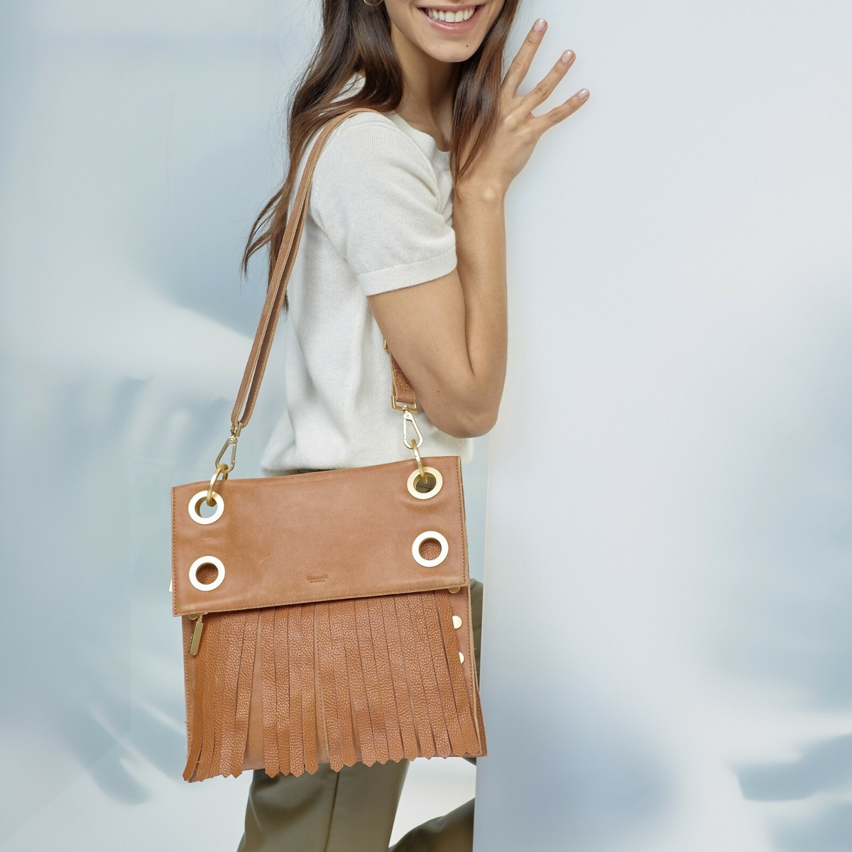 Hammitt Montana Saddle Brown Zip Suede Gold Reverse Leather Bag Handbag  Purse NW