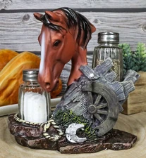 Ebros Chestnut Horse by Wagon Wheel Salt Pepper Shakers Holder Set 6.25" H