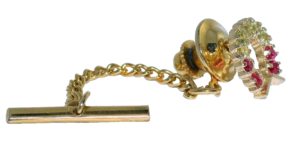 14Kt Yellow Gold Round Peridot Lab Ruby Horseshoe Cluster Tie Tack