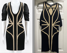 HOT Alexander Mcqueen Pleated Mesh Sleeve Cold Shoulder Black Print Knit Dress!