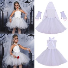 Girls Halloween Ghost Bride Cosplay Costume Dress Veil Vampire Tulle Fancy Dress
