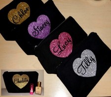 Image of PERSONALISED NAME GLITTER HEART MAKE UP WASH BAG TRAVEL BAG GIFT Various Colours