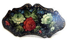 Russian Lacquer Hair Barrette 4" HAND PAINTED Signed Floral Gold Trim