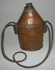 Antique Vtg Copper Tin Miner's Water Canteen Flask With Lid & Rope Strap