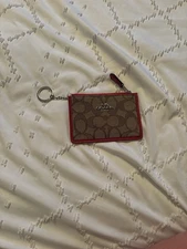 Coach Tan Jacquard With Red Trim Bill Card Id Coin Zip Keychain