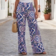 Zara NWT Geometric Print Palazzo Wide Leg Pants Large Blue Pink White Beach
