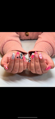 Long Square Glossy Press-On Nails Pink White Black Animal Print. Adult Size