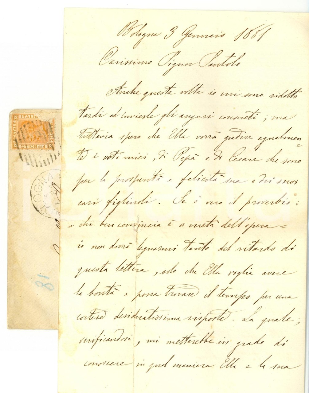 1881 BOLOGNA Vittorio LIVERANI Auguri tardivi al santolo *Lettera