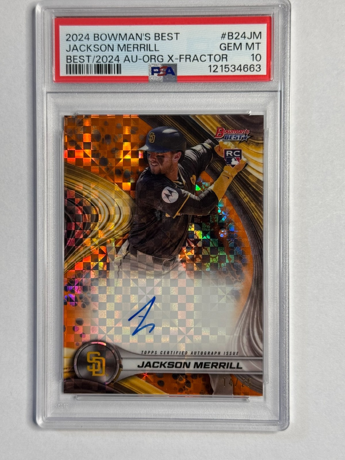 2024 Bowman's Best Orange X-Fractor 14/25 Jackson Merrill PSA 10 Rookie Auto RC