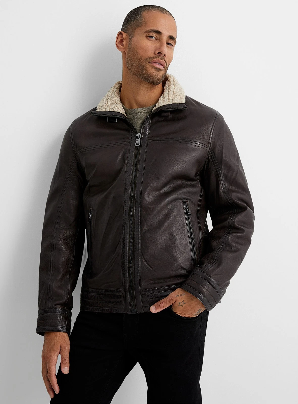 New Men Black Lambskin Leather Jacket Casual Biker Fur Collar Style Jacket MCFJ9