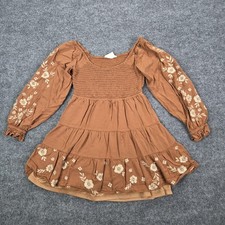 Savanna Jane Dress Womens Small Brown Smocked Tiered Embroidered Long Sleeve