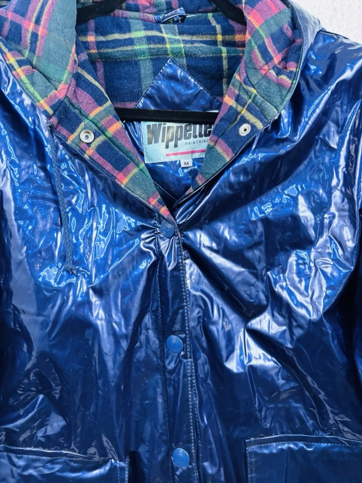 Vintage 90’s Wippette Medium Blue Hooded Shiny Rain Coat Flannel Plaid Lining - Image 2 of 4