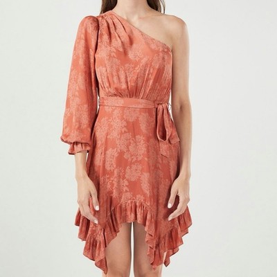 bcbgmaxazria one shoulder floral dress BCBGMaxAzria One-Shoulder Floral Ruffle Dress in Magenta and Black