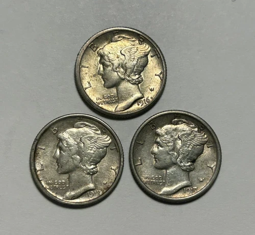 1916 S AU, 1917 S XF AND 1917 AU MERCURY DIME