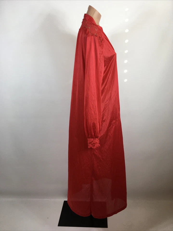 Bata vintage de nailon roja para mujer Adonna estilo sin cordones L sexy abrigo abrigo encaje ribete Foto 4 de 4