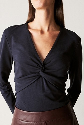 TRENERY by Country Road Top SIZE M / 12 Twist Front V Neck Night Sky Navy Blue - Picture 2 of 23