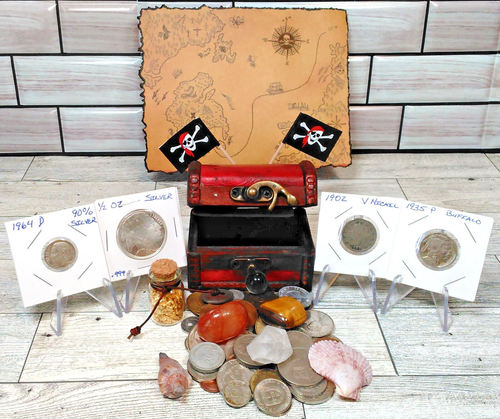 Treasure Chest Kit -Real Silver, US & World Coins + Map, Crystal, Shells & More!