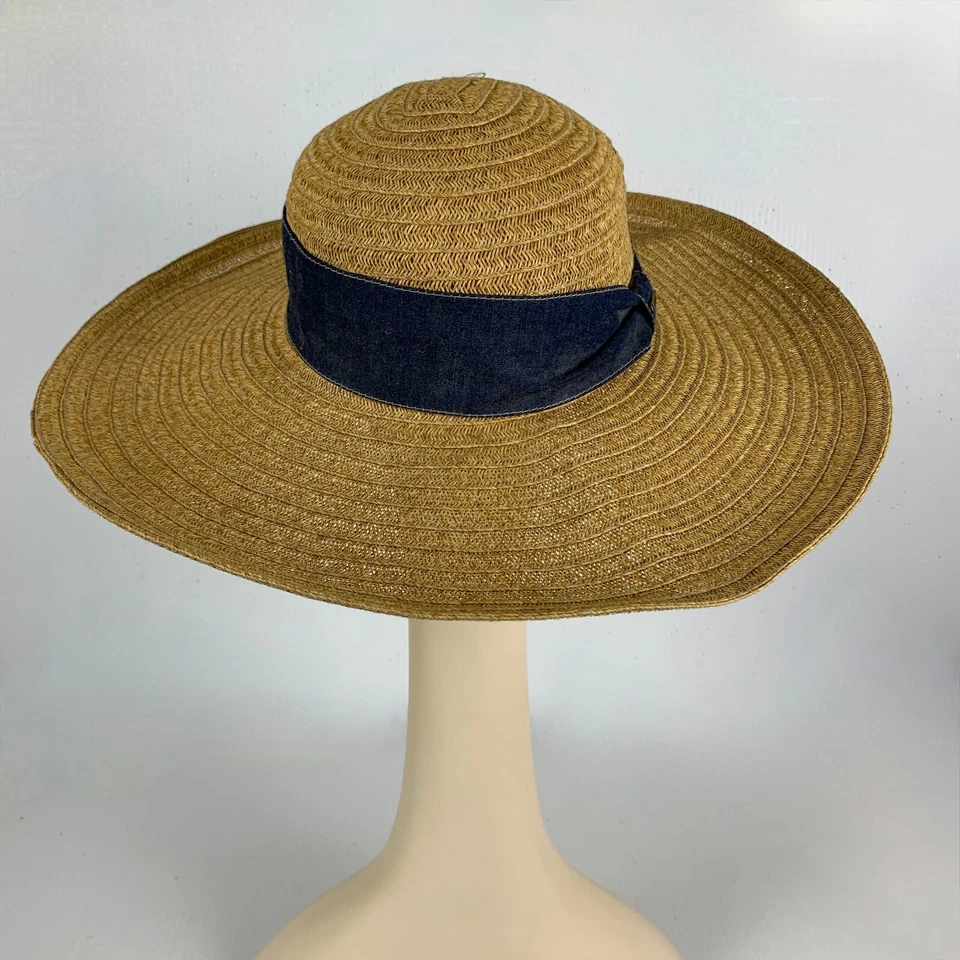 Nine West Straw Sun Hat One Size Very Wide Brim Blue Denim Band Excellent - Image 3 of 4