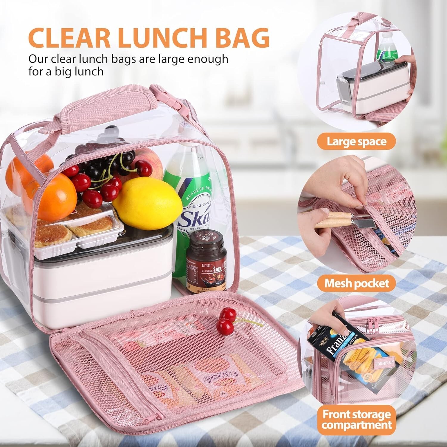  Large Clear Lunch Bags for Girls,See Through Plastic Lunch Box，Tote Pink