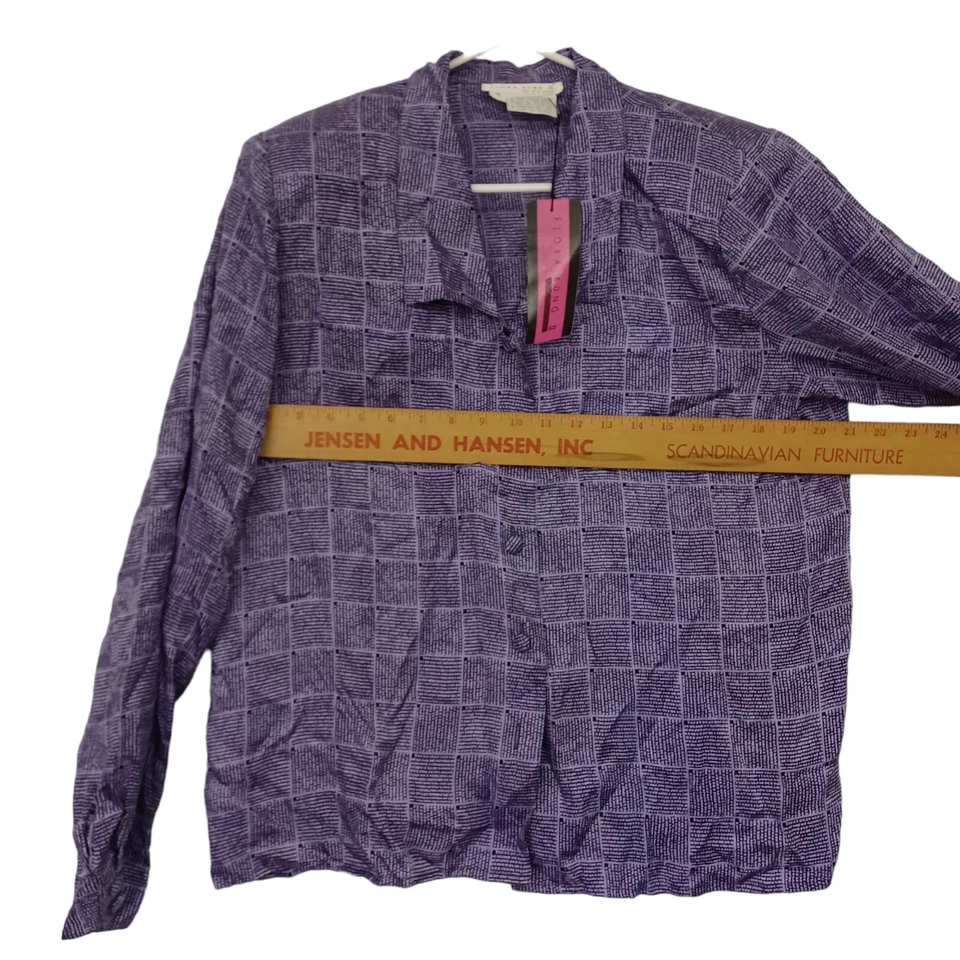 Blusa vintage Flora Kung seda púrpura abotonada talla 14 camisa años 80 90 Foto 3 de 4