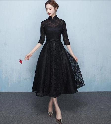 Chinesischer Stil Spitze Blumen Langarm schwarz Kleider Damen formell Cocktailkleid - Bild 2 von 17