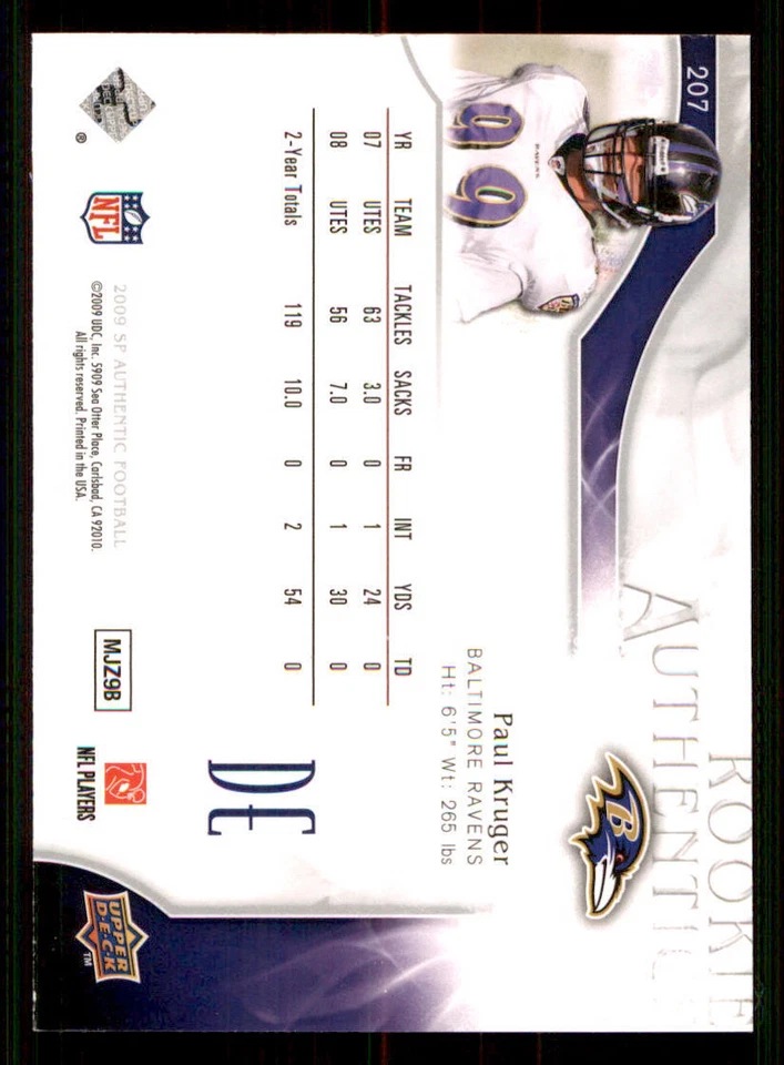 2009 SP Authentic #207 Paul Kruger RC /999 - Image 2 of 2