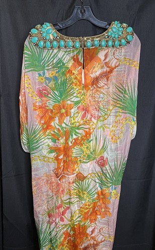MATTHEW WILLIAMSON Beach Kaftan Tropical Print SIZE 8 100% Silk Turquoise Beads - Picture 2 of 7