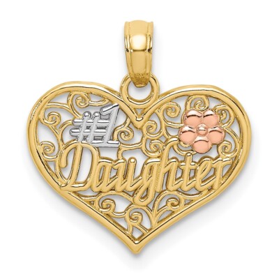 10k Gelb & Rotgold mit weißem Rhodium #1 TOCHTER im Herzen mit Blumen Anhänger