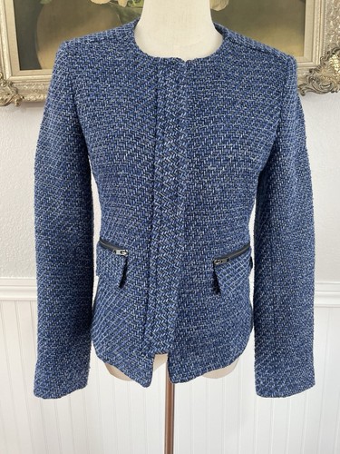 HELENE London Blue Tweed Blazer Jacket Small Slim Fit Alpaca Old Money Preppy