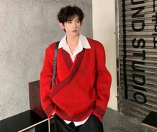 Men's New Winter V Neck Long Sleeve Loose Warm Kniting Pullover Fashion Sweaters