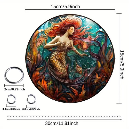 Red Hair Mermaid Suncatcher Double Sided Round Dyed Acrylic Decor - Picture 2 of 4