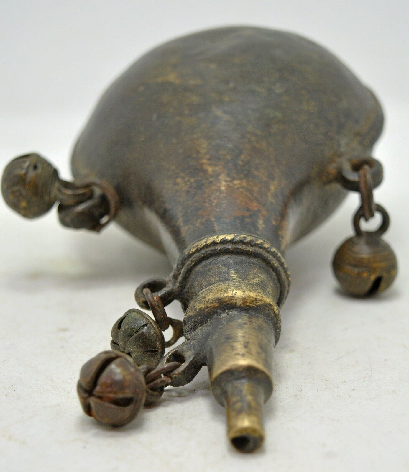 Antique Brass Gun Powder Flask Bottle Container Original Old Hand Engraved